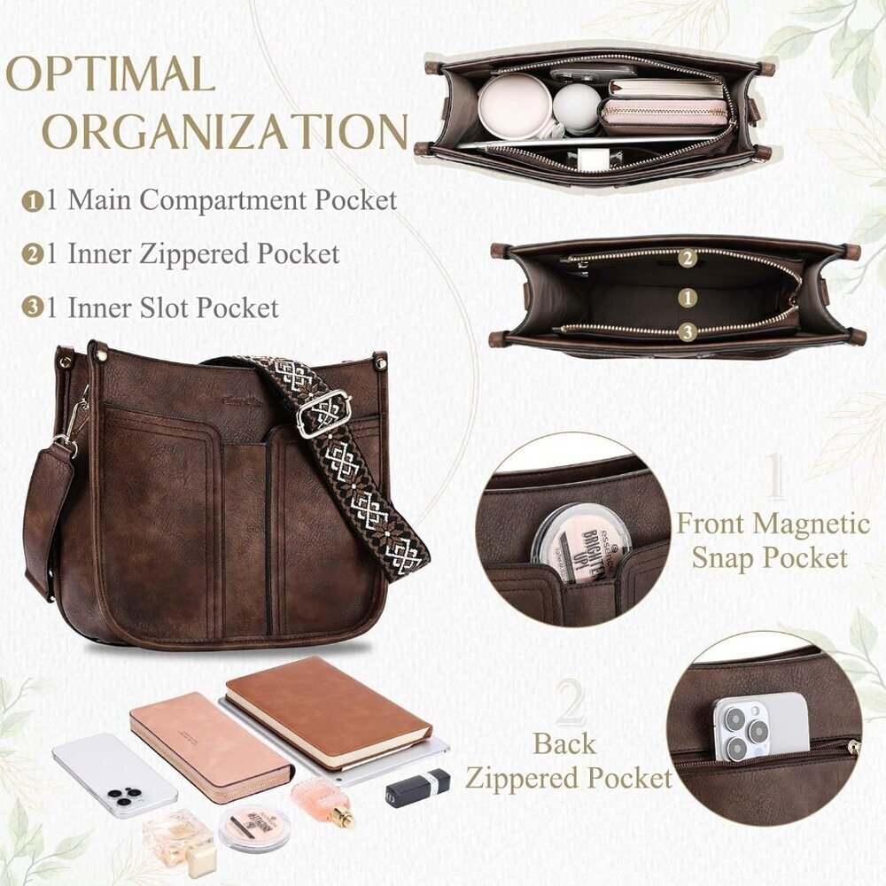 Women Crossbody Bag Vegan Leather Adjustable Straps Organizer Purse - Picture 4 of 7